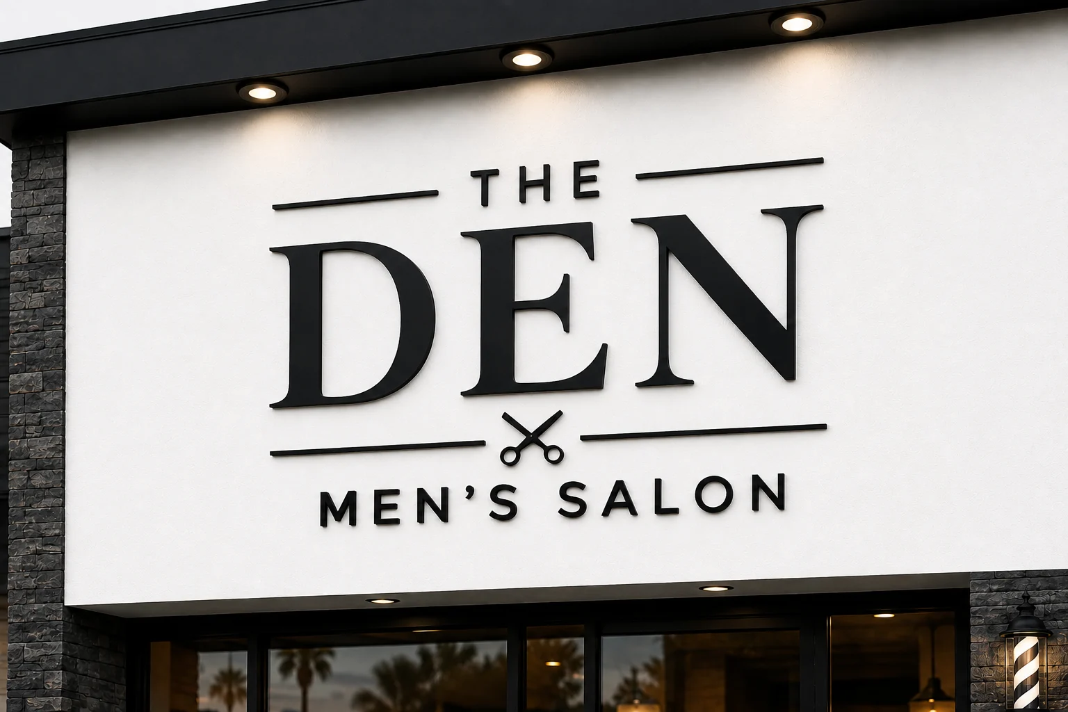 The Den Men's Salon storefront at Saint Rose Parkway